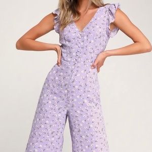 Lulu’s Floreal Love Lavender Floral Print Ruffled Culotte Jumpsuit, NWT